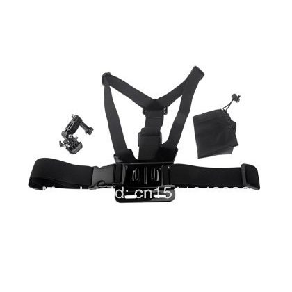 Chest strap for sports camera with mounting bracket and support bag